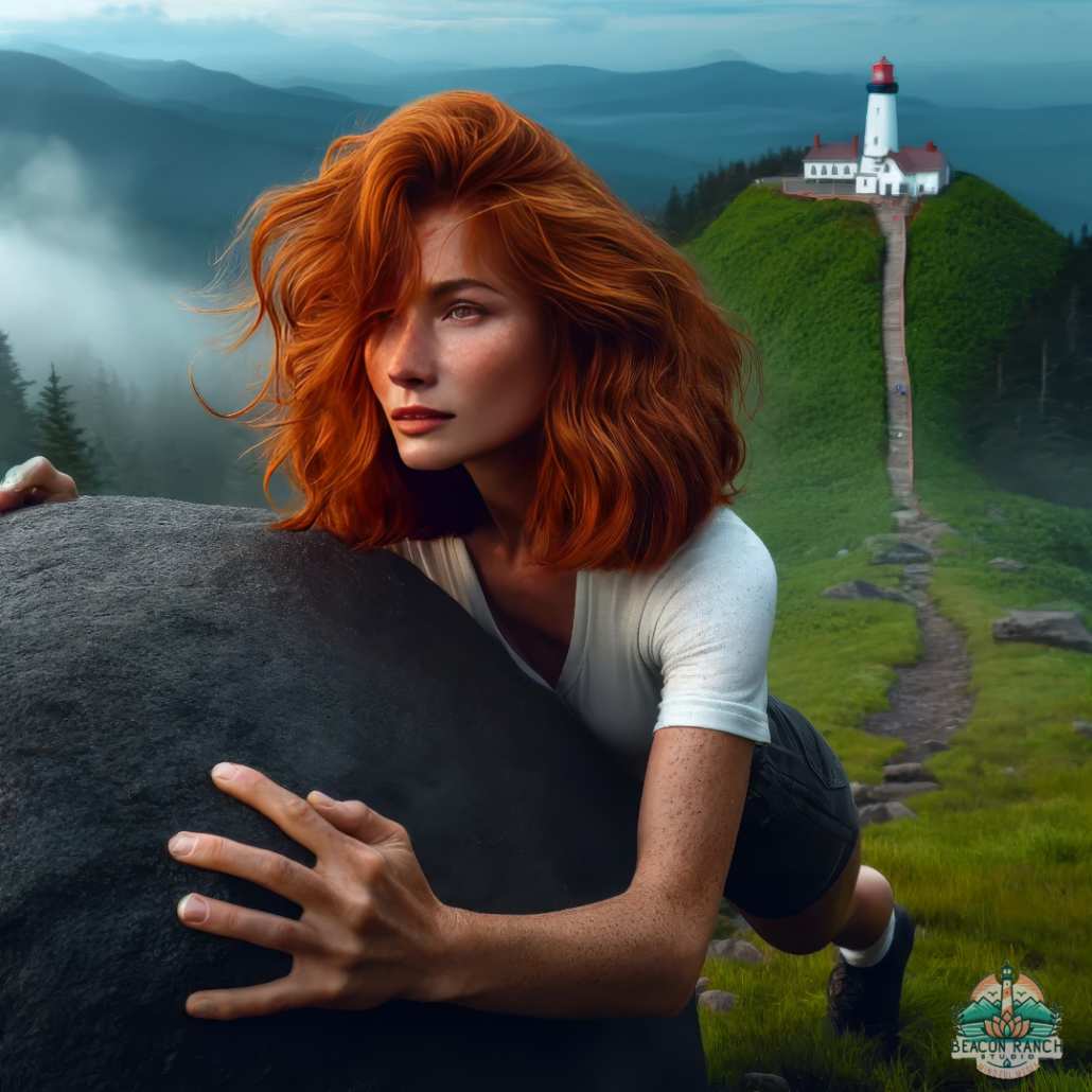 Woman with fiery red hair pushing a large boulder up a hill, symbolizing resilience and determination, with a distant lighthouse overlooking a foggy mountain landscape.