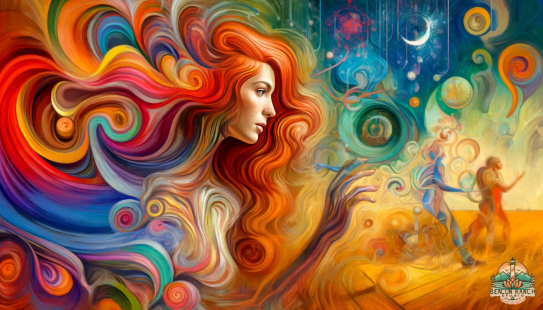 A vibrant, artistic representation of a woman with flowing, colorful hair merging with abstract forms and figures in motion, symbolizing creativity and the dynamic nature of life.