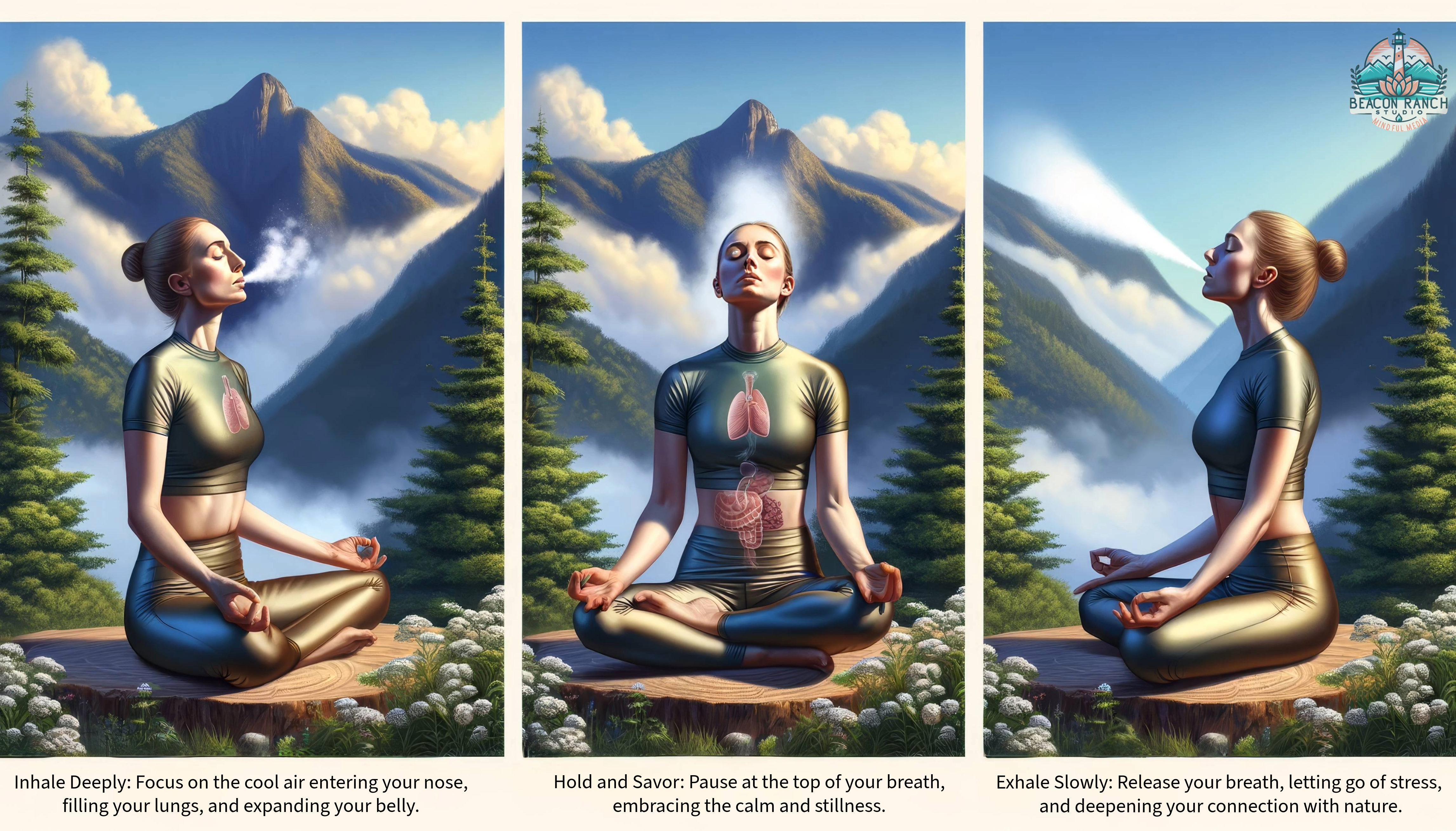 Yoga practitioner in meditative pose with anatomical overlays of organs, set against a serene mountainous backdrop.