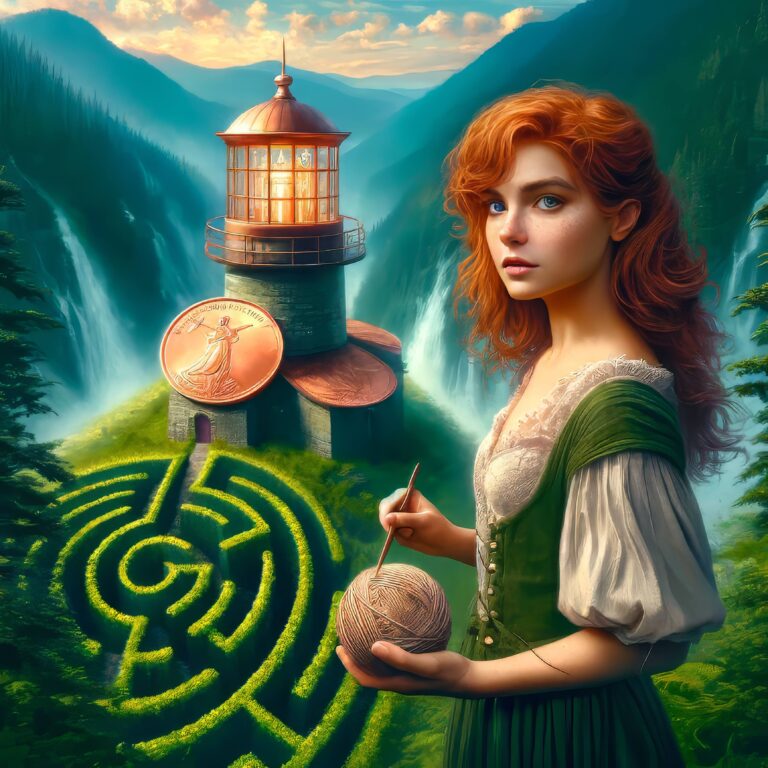 Woman holding a ball of yarn in a mystical landscape with a lighthouse and labyrinth