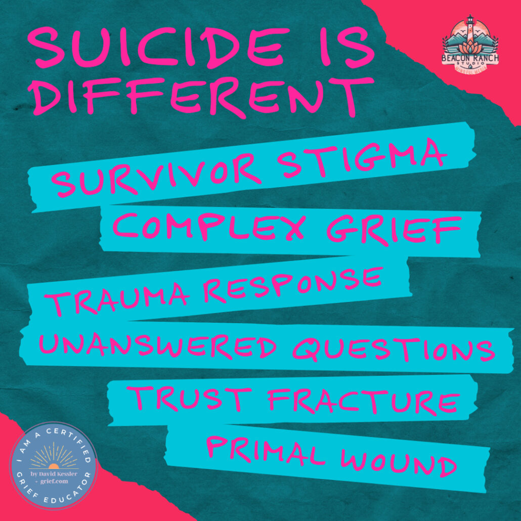 Suicide is Different - key aspects of suicide loss illustrated in teal and pink