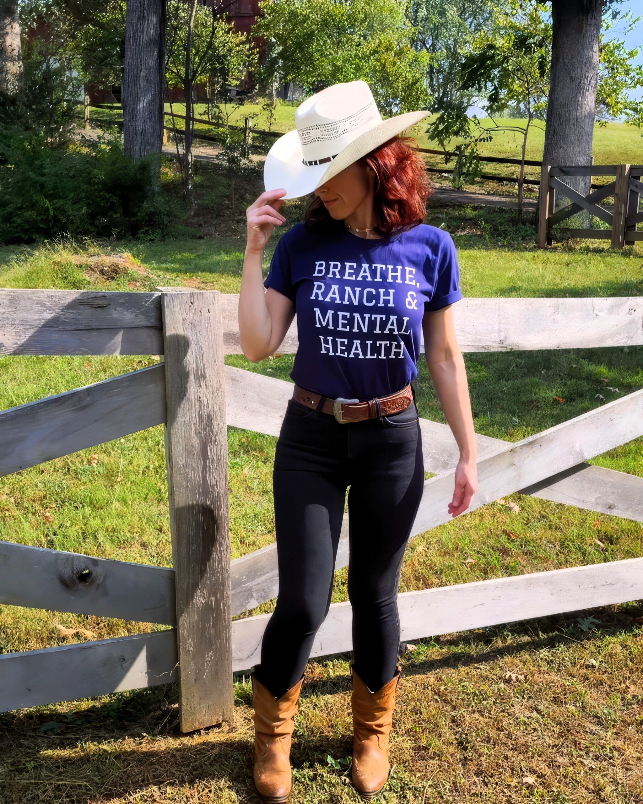 Mary-Kate Seward at Beacon Ranch, wearing a ‘Breathe, Ranch & Mental Health’ shirt, symbolizing her journey of healing through art and movement.