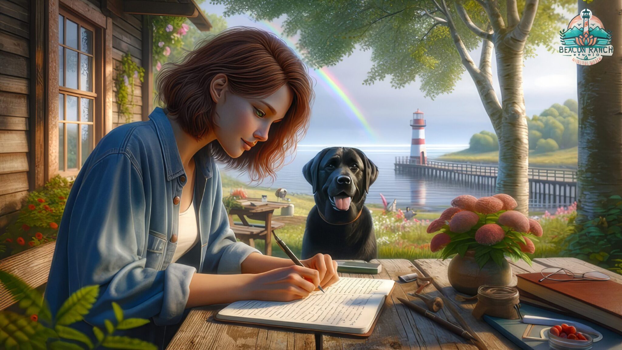 A woman journaling outdoors with her black Labrador, symbolizing Mindfulness and Home Remodeling. The lighthouse represents transformation and resilience.