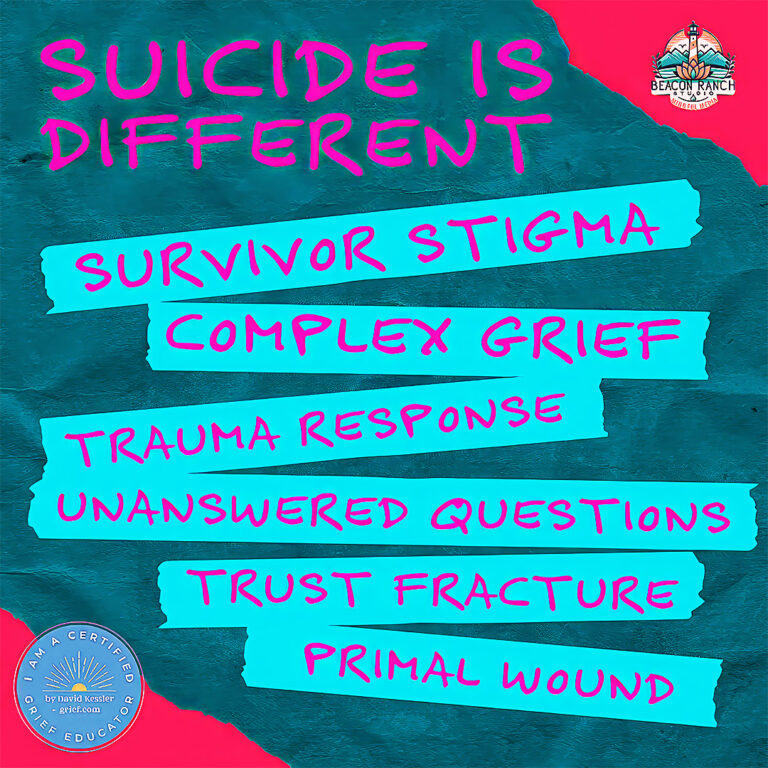 Suicide is different – survivor stigma, complex grief, trauma response, unanswered questions, trust fracture, and primal wound.