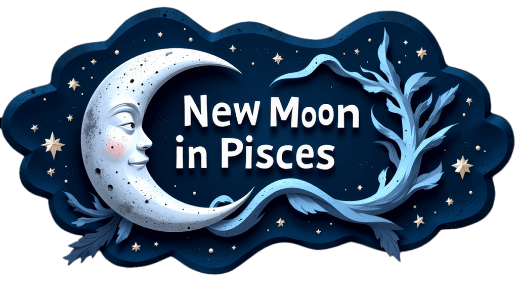 New Moon in Pisces logo with crescent moon face and flowing water elements on dark blue starry background