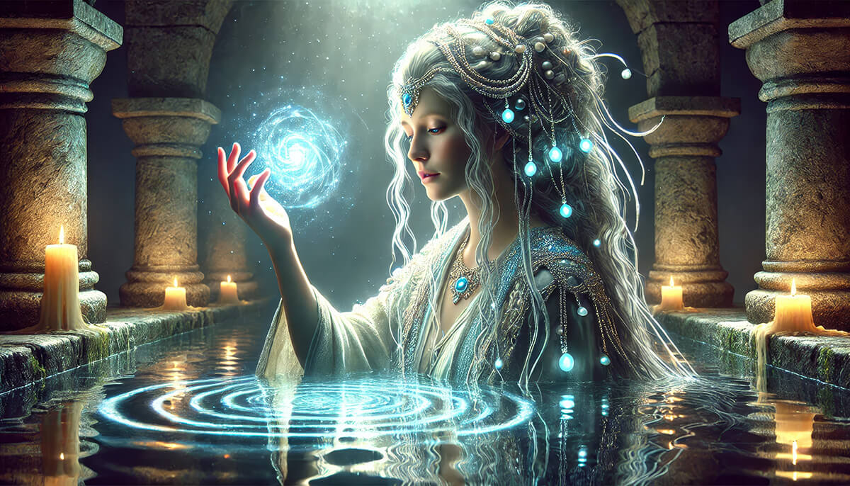 A luminous sea goddess extends her hand over a reflective water pool, symbolizing the intuitive energy of the Pisces New Moon and the power of affirmations & manifestation through flow and intention.