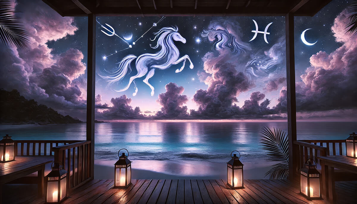 Mystical beach scene at night with Pisces constellation and crescent moon in purple clouds over calm water