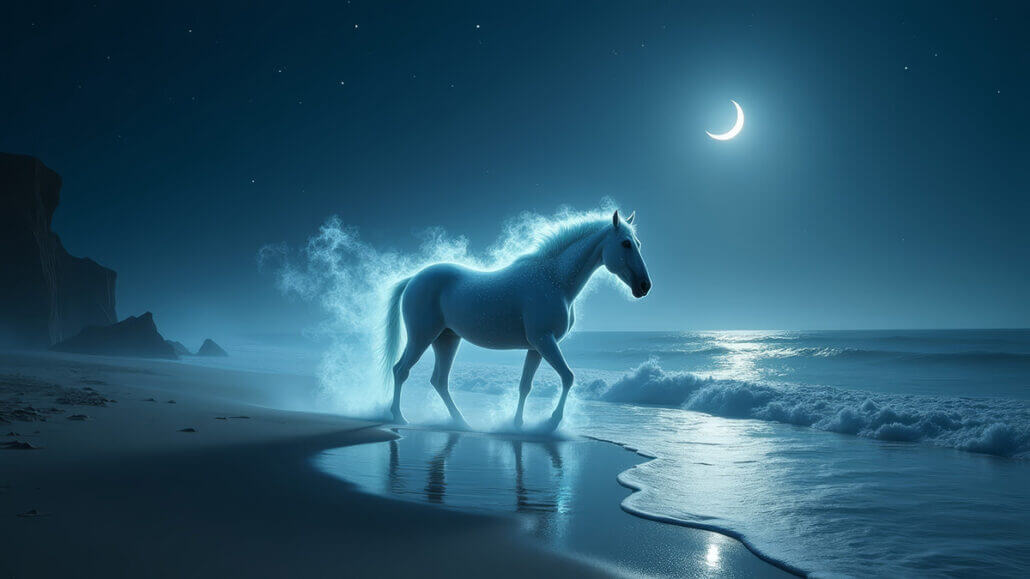 Ethereal blue horse walking along moonlit beach under crescent moon, representing the completion of a spiritual journey with affirmations during Pisces New Moon