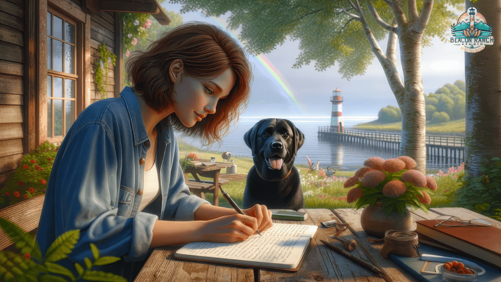 Woman practicing creative living beyond fear by journaling on a porch with a black dog and lighthouse in the background