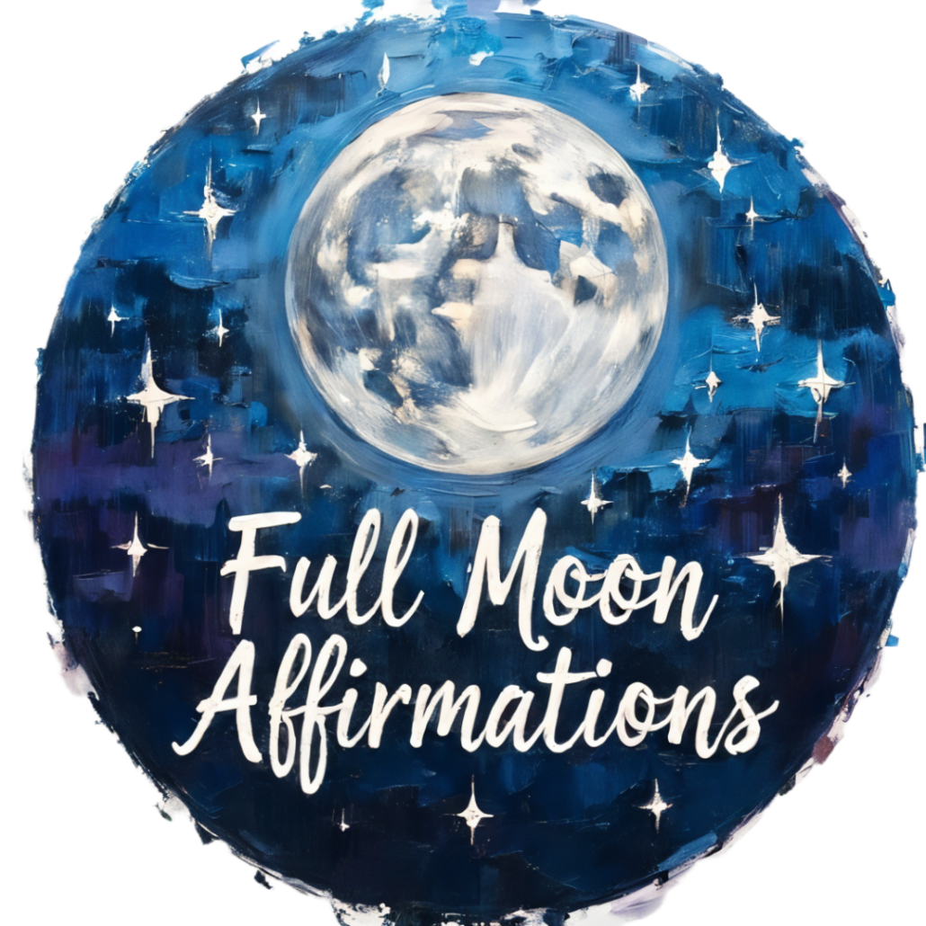 A digital badge featuring a glowing full moon with a starry blue background for affirmations for full moon