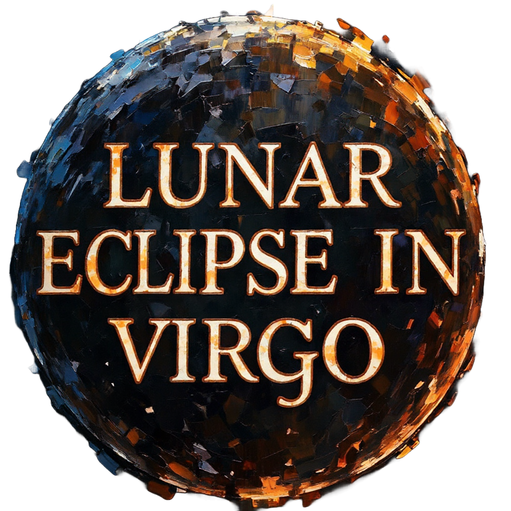 Lunar Eclipse in Virgo text badge with golden illuminated lettering against mosaic blue and orange eclipse background