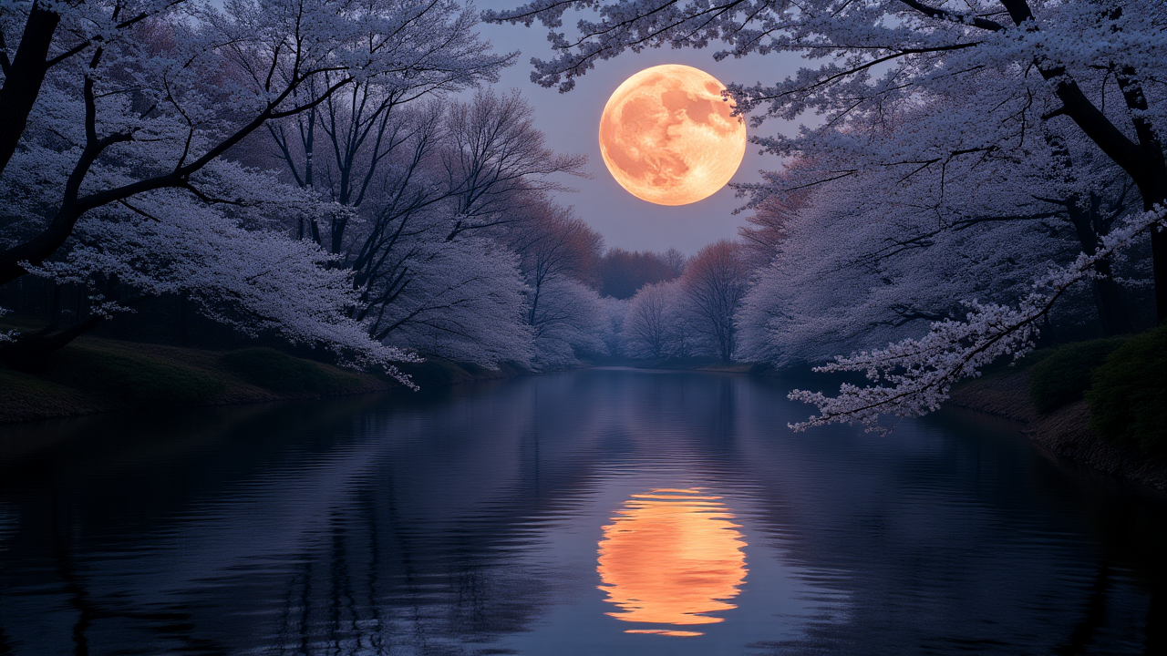 Full Moon in Virgo Eclipse over cherry blossoms with perfect reflection in still water representing balance of beauty and precision