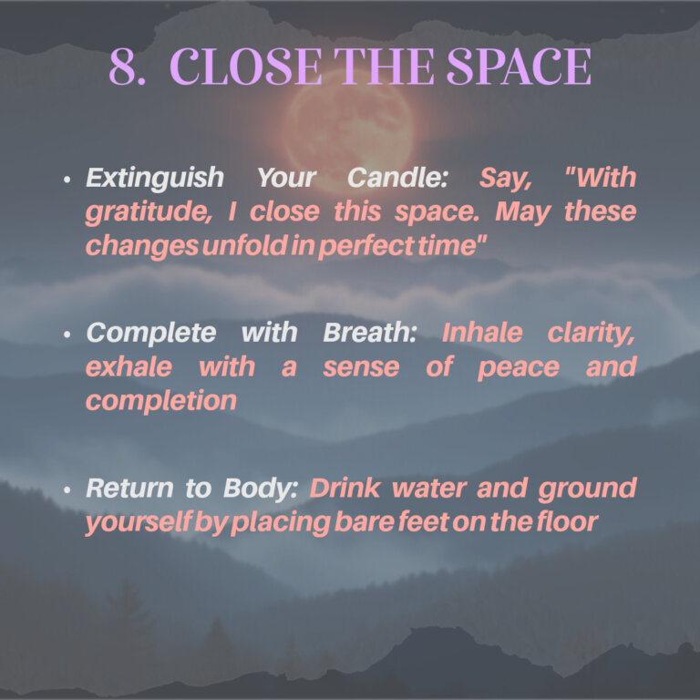 Step 8 of Lunar Eclipse in Virgo ritual: closing ceremony with candle extinguishing and grounding techniques