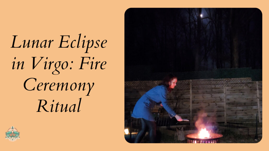 Woman performing fire ceremony ritual during Lunar Eclipse in Virgo, tending to sacred flames against wooden fence with moonlit trees