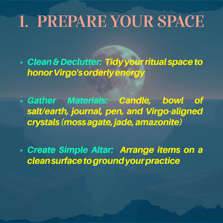 Step one of Lunar Eclipse in Virgo ritual showing how to prepare your space with candles, crystals, and cleansing materials against a blue moon background