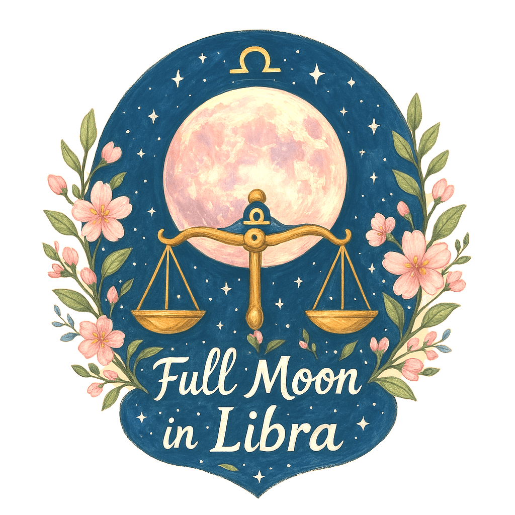 Full Moon in Libra: Free Affirmations, Journaling & Moon Tools 1 Hand-painted badge of the Full Moon in Libra with golden scales, pink blossoms, and stars