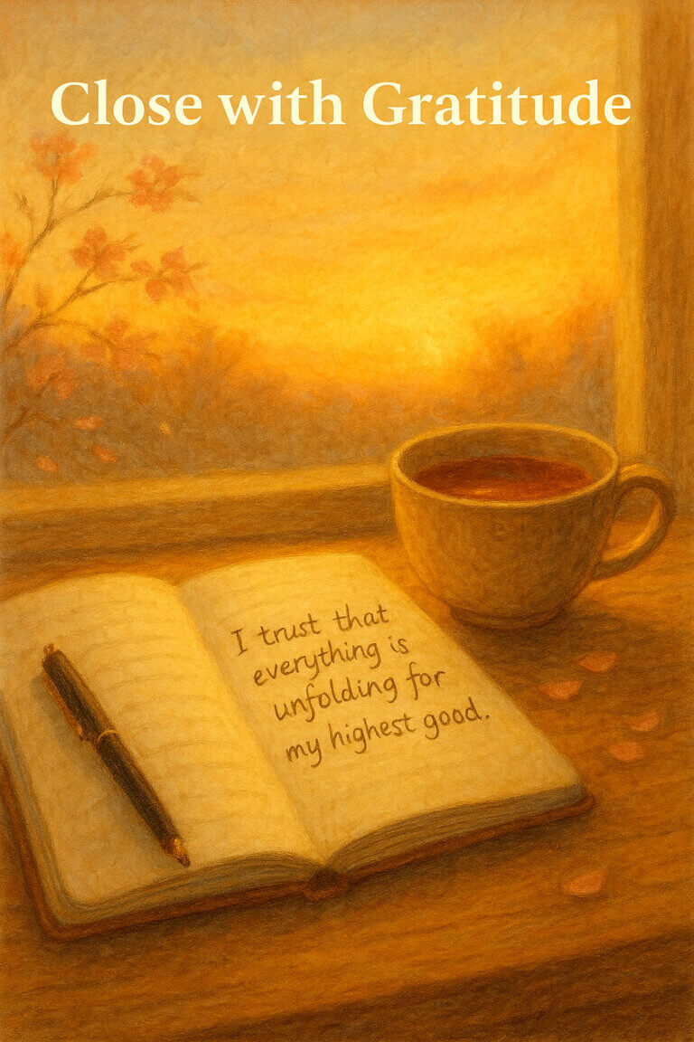 Full Moon in Libra: Free Affirmations, Journaling & Moon Tools 8 An open journal with a handwritten affirmation and an empty tea cup, softly lit by morning light after the Full Moon in Libra