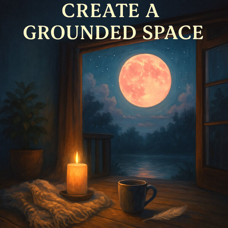 Full Moon in Libra: Free Affirmations, Journaling & Moon Tools 3 A cozy candlelit porch with a steaming mug, soft blanket, and the Full Moon in Libra glowing through open doors
