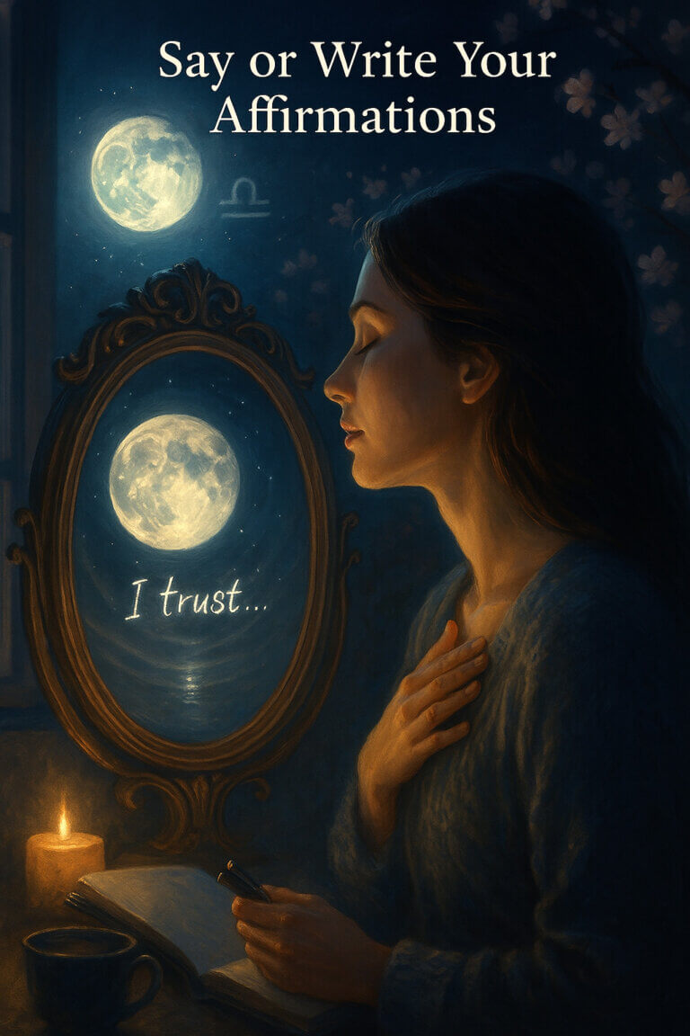 Full Moon in Libra: Free Affirmations, Journaling & Moon Tools 6 A woman with her hand over her heart speaks softly into a mirror reflecting the Full Moon in Libra, surrounded by soft blossoms and starlight