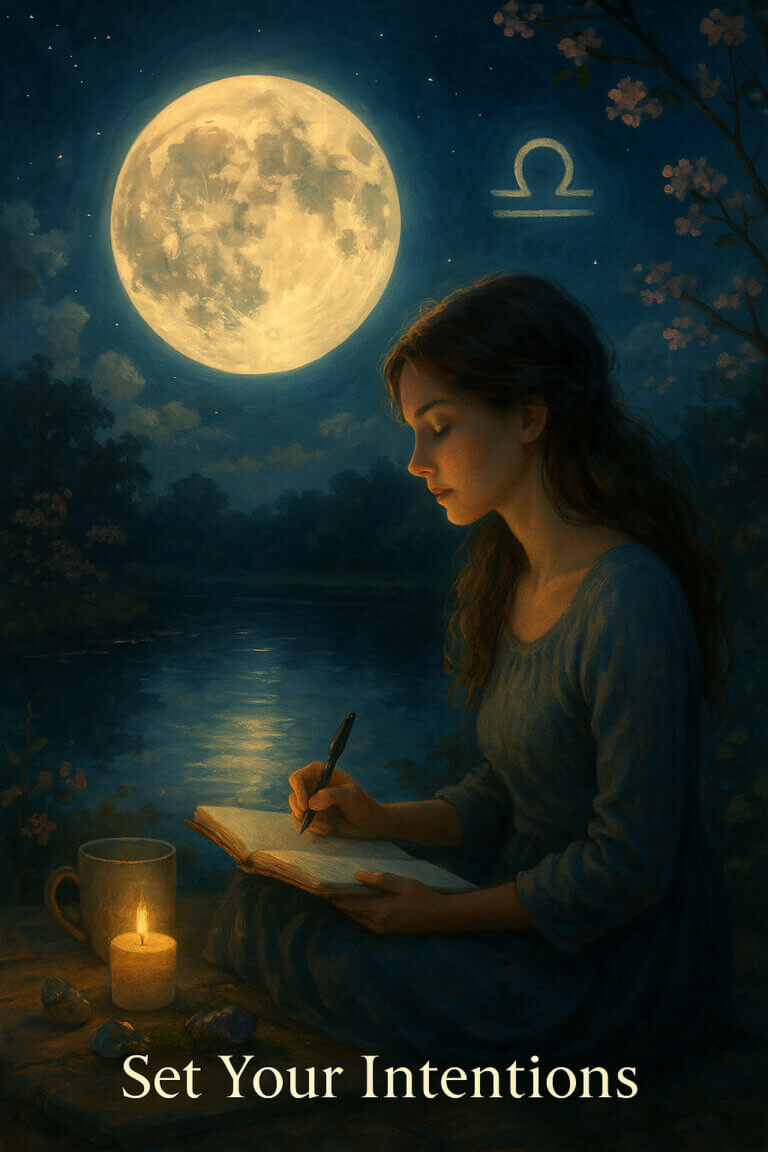 Full Moon in Libra: Free Affirmations, Journaling & Moon Tools 5 A woman journaling quietly beside a moonlit pond under the Full Moon in Libra, surrounded by cherry blossoms and soft light