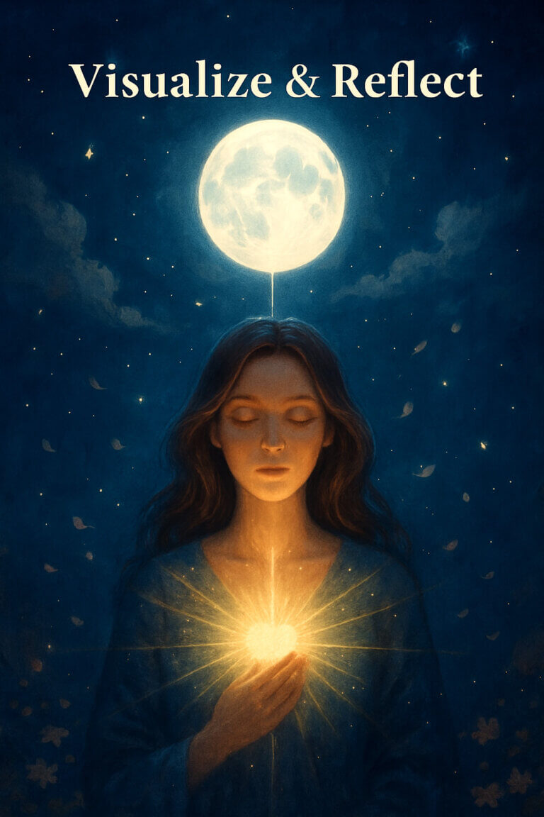 Full Moon in Libra: Free Affirmations, Journaling & Moon Tools 7 A woman with eyes closed under the Full Moon in Libra, with golden light radiating from her heart and petals drifting around her