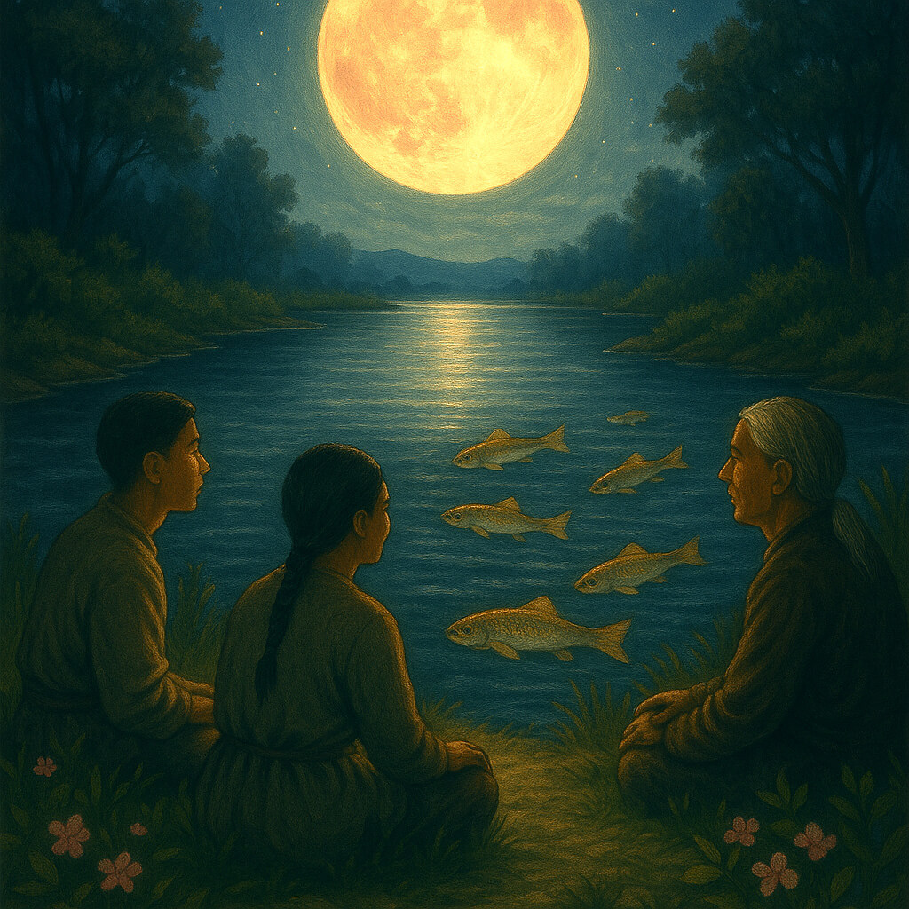 Full Moon in Libra: Free Affirmations, Journaling & Moon Tools 9 A peaceful river scene under the Full Moon in Libra, with suckerfish swimming upstream and people gathered quietly on the riverbank in early spring.
