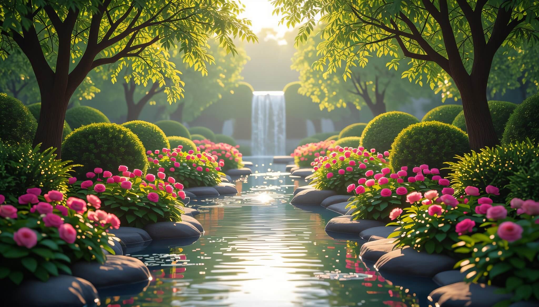 Full Moon in Libra: Free Affirmations, Journaling & Moon Tools 10 Serene garden with pink flowers and waterfall representing Venus’ influence on the Libra Full Moon
