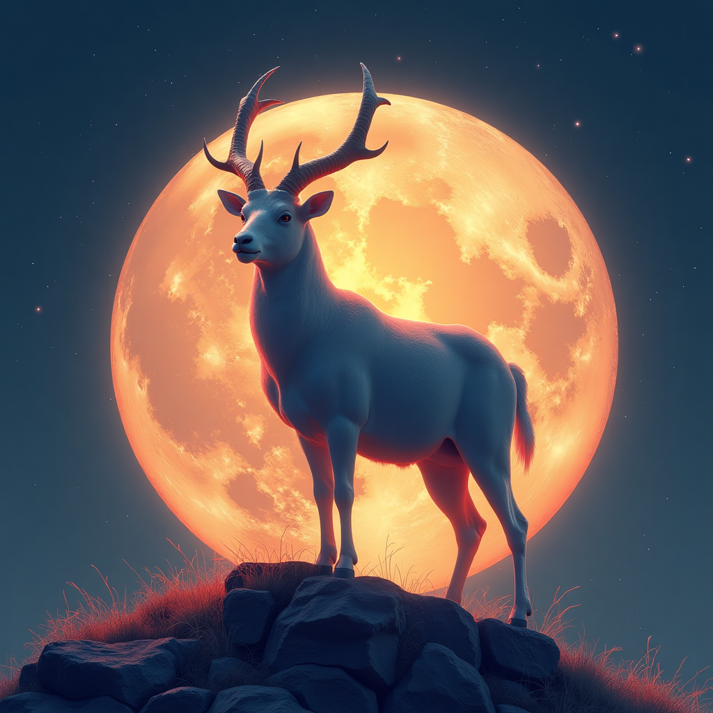 Powerful buck silhouette on rocky outcrop against glowing Buck Full Moon, symbolizing Capricorn Full Moon Affirmations strength and determination