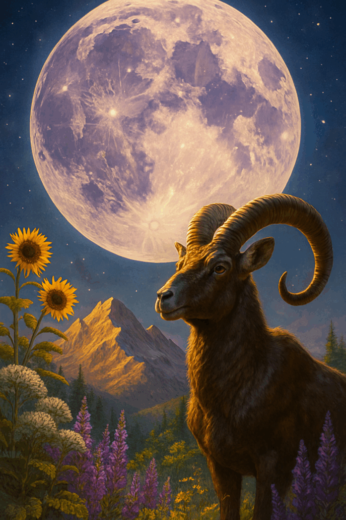 Capricorn mountain goat with curved horns amid sunflowers and mountain peaks under golden Buck Full Moon, representing Capricorn Full Moon Affirmations