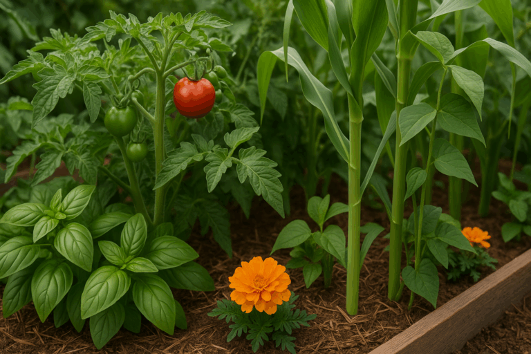 Free garden planning companion planting example with marigolds and vegetables growing together