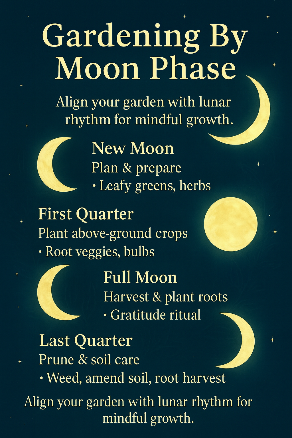 Gardening by the moon guide showing lunar phases with planting activities for new moon first quarter full moon and last quarter